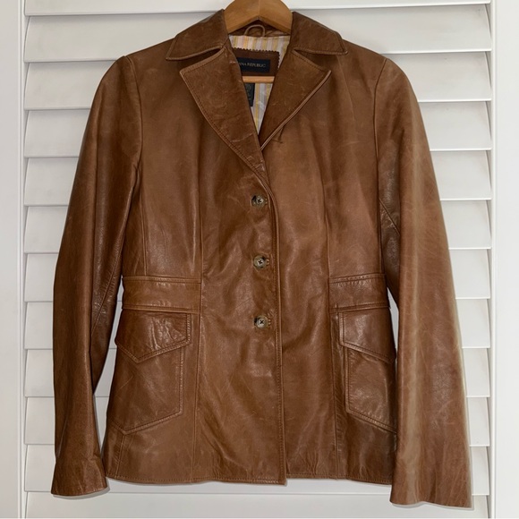 Medium Banana Republic Caramel Brown Leather Jacket Pockets Back Pleat Lined - Picture 1 of 8
